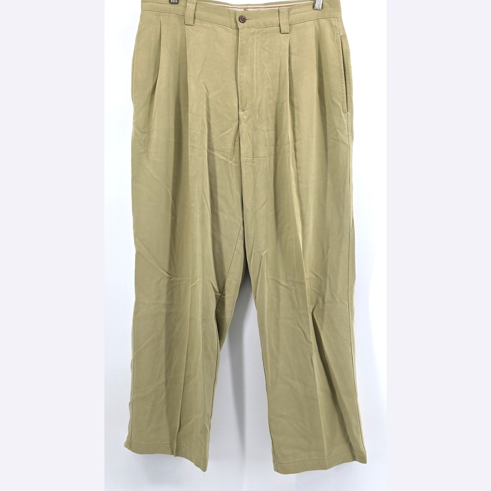 Tommy Bahama 100% Silk Pleated Pants Mens 34 Tan Khaki Tropical Resort Trousers